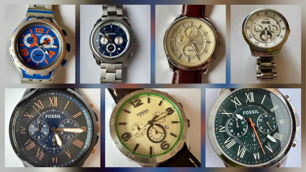 Lot 7 ceasuri: Timex (1), Guess (1), Fossil (4), Swach (1)