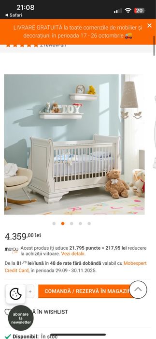Pătuț bebe Mobexpert Jazz + saltea cocos Mobexpert, 70x140 cm