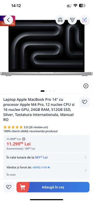 NOU Macbook PRO 14”, procesor M4 PRO 512 SSD 24 GB NOU