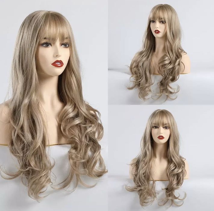Peruca T21 blonda gri blond cenustiu breton lunga creata ondulata
