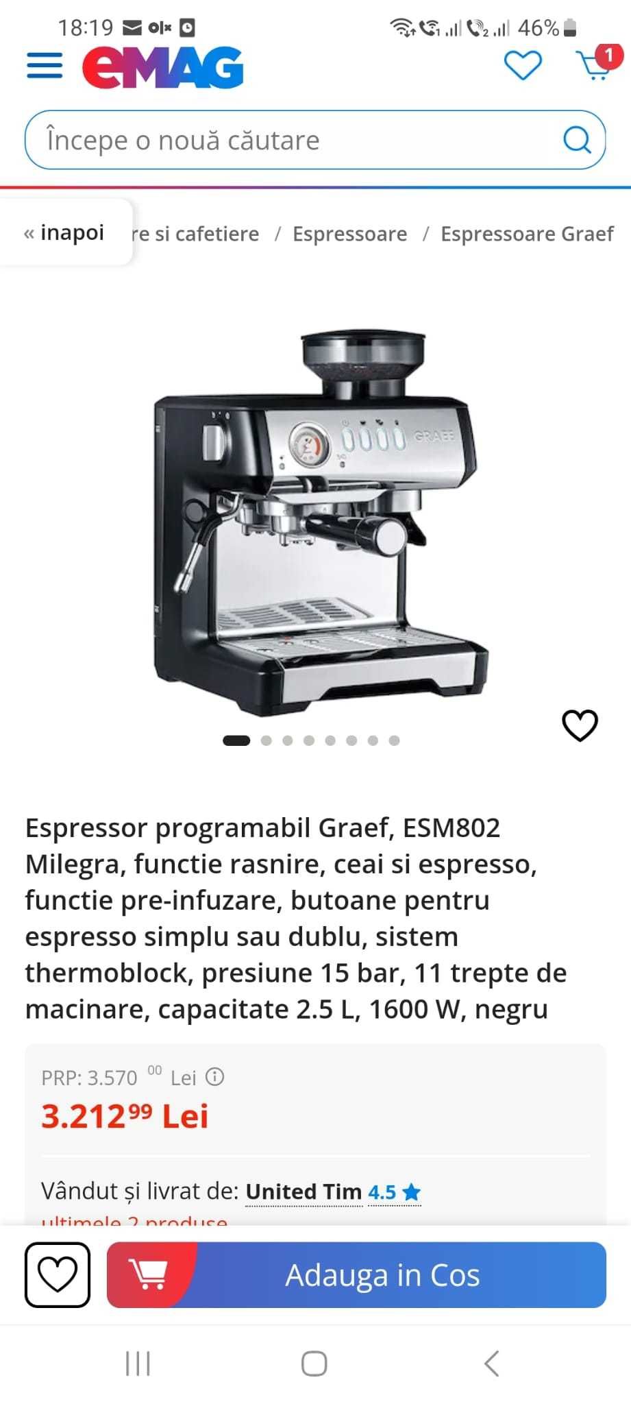 Espressor cu rasnita Graef, ESM802 Milegra 15 bar , 1600 W
