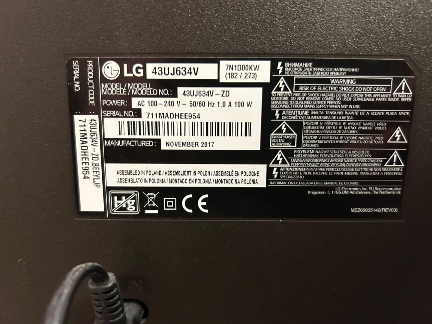 Televizor LED Smart LG, 108 cm, 43UJ634V, 4K Ultra HD, Clasa A -D-