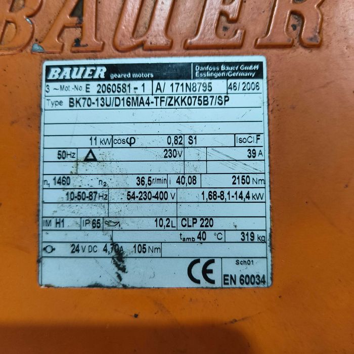 Motor electric trifazat cu reductor Bauer 11kW 36rpm