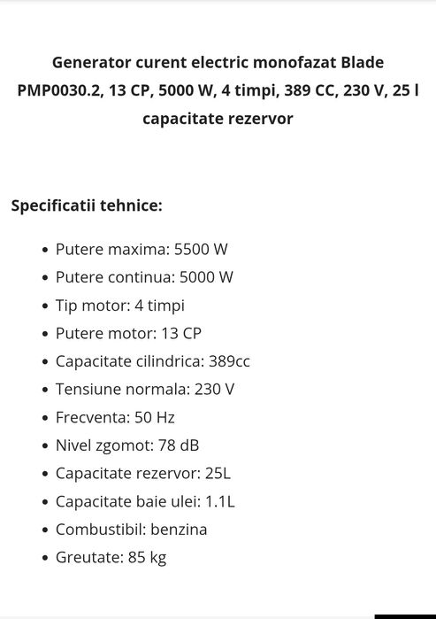 Generator curent electric monofazat Blade PMP0030.2, 13 CP, 5000 W, 4