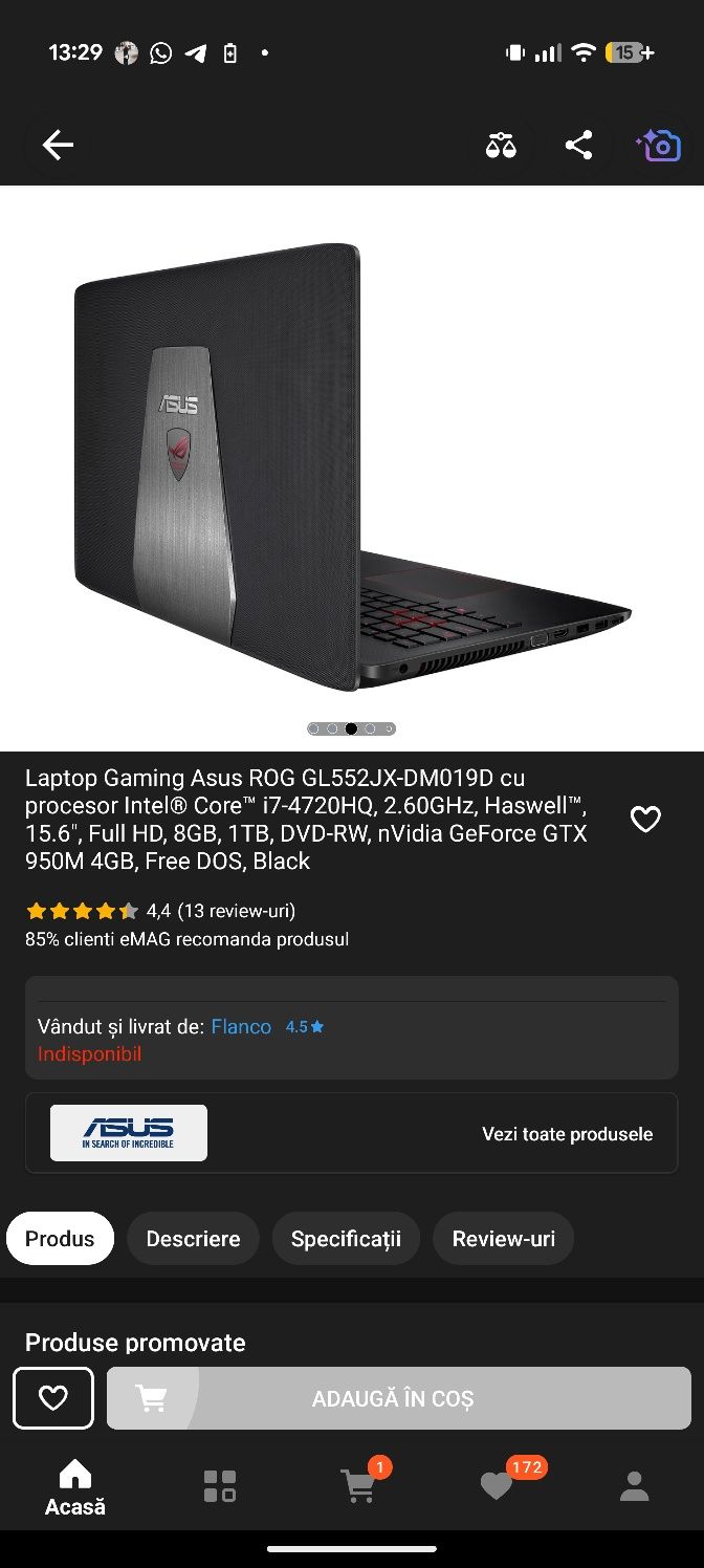 Laptop gaming ASUS ROG 15.6"; i7 Haswell, GeForce GTX 950M (GL552JX)
