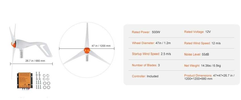 VEVOR eoliana 500W, 12V, 3 pale, kit complet cu controller