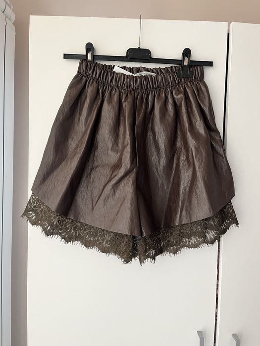 Кожени къси панталонки с дантела кафеви С ЕТИКЕТ