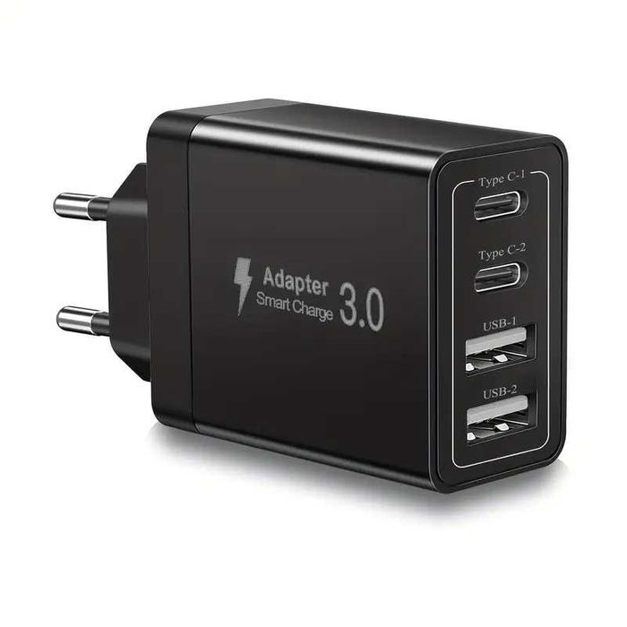 Качествено бързо зарядно с 4 порта - 2 тип C и 2 USB + кабел 1м C - C.