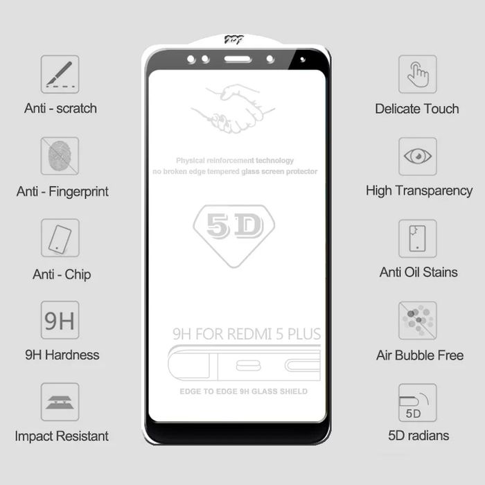 5D Стъклен протектор Xiaomi Redmi Note 8 7 6 5 Pro Mi A2 Lite A1 S2 6A