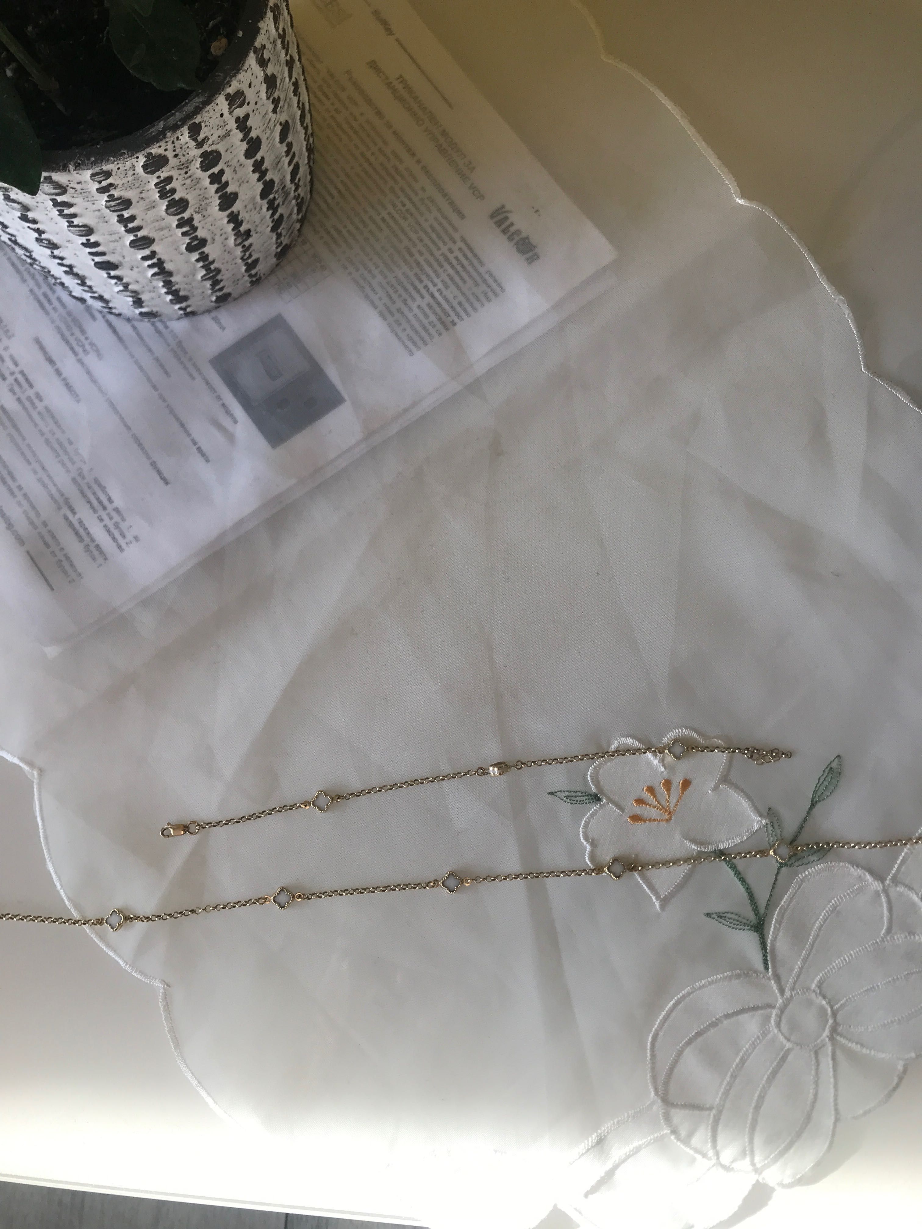 Златно колие+златна гривна Van Cleef с камъни бял седеф