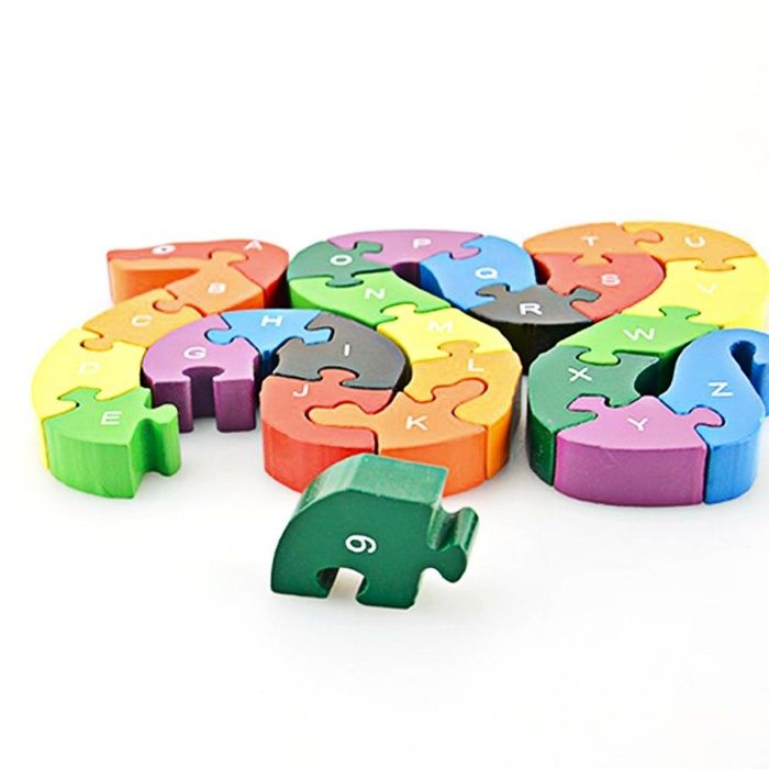 Puzzle lemn 3D multicolor, cifre si litere, model Sarpe