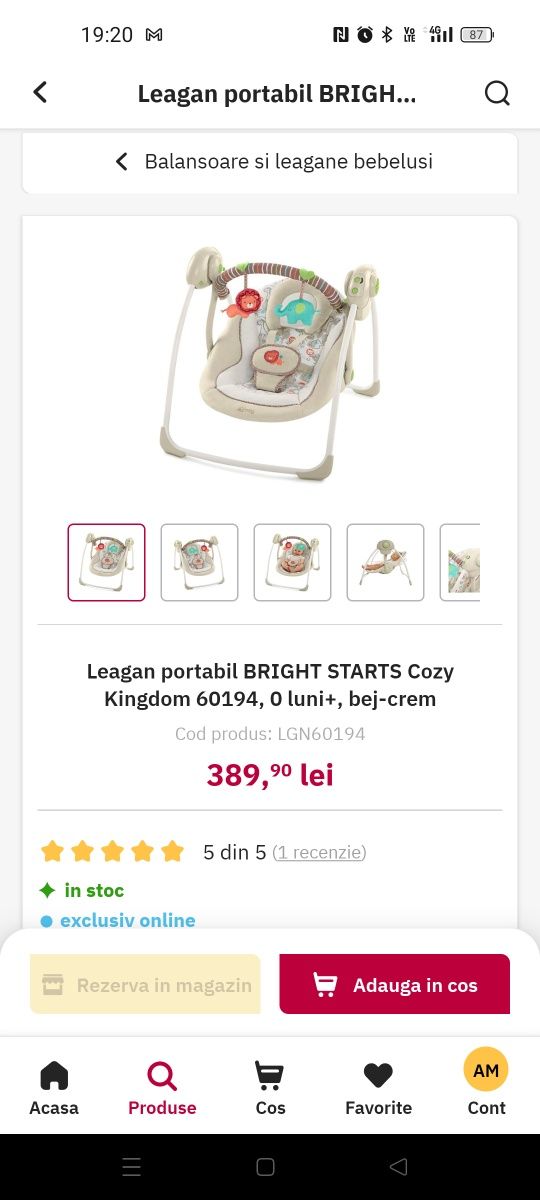 Leagan electric automat bebe portabil BRIGHT STARTS Cozy Kingdom baby