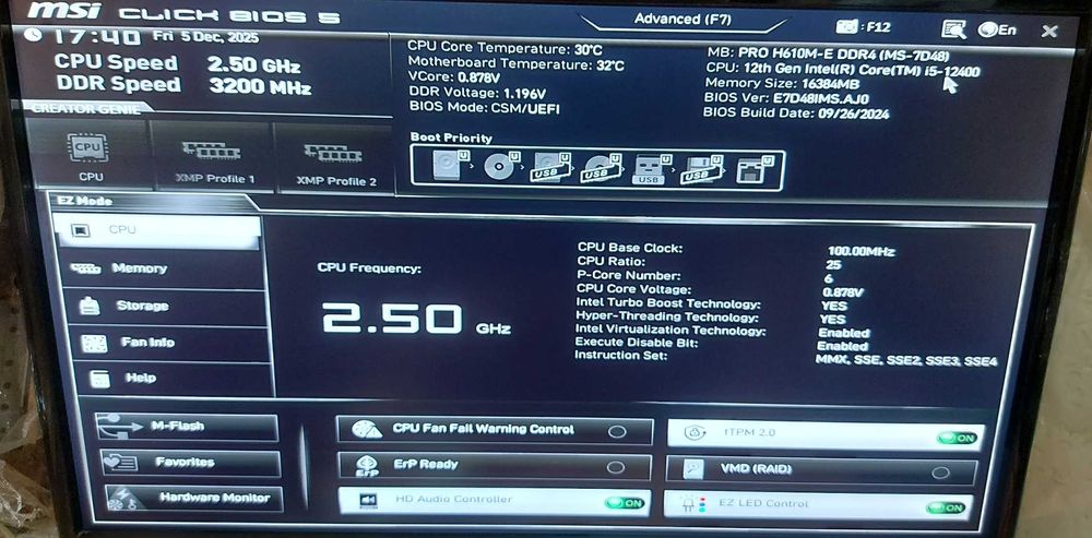 Комплект MSI PRO H610M-E DDR4 + Intel® Core™ i5-12400 + 16 Гб ОЗУ 3200