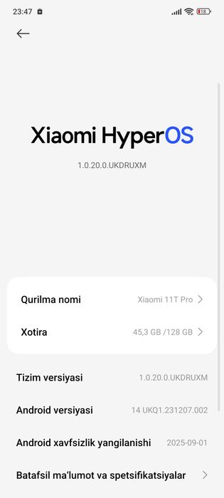 Xiyomi 11 T Pro128 tali 8+4 orzu