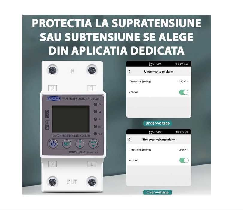Protector Contor monofazat TOMZN, Wi-Fi, 63A, Tuya/Smart life