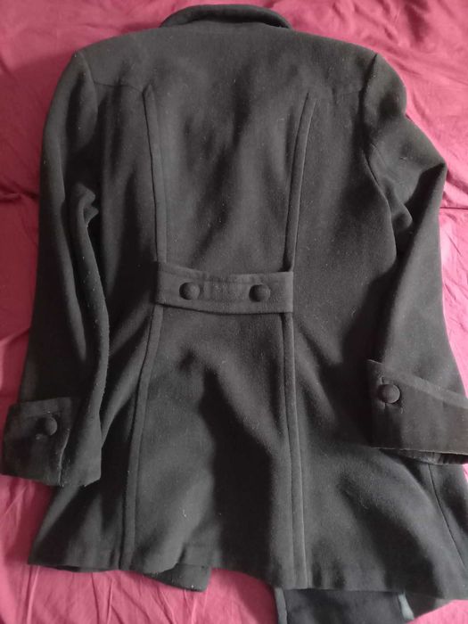 palton dama din lana negru trei sferturi marime 48, L merge si XL