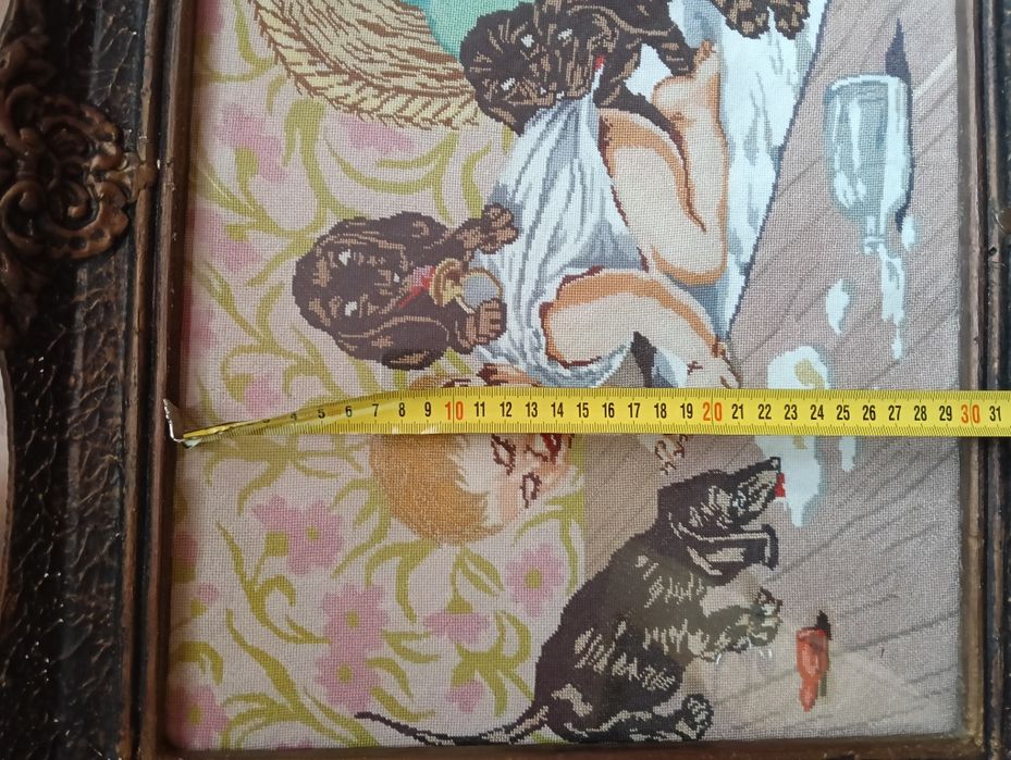 Goblen, tablou, bebeluș cu căței