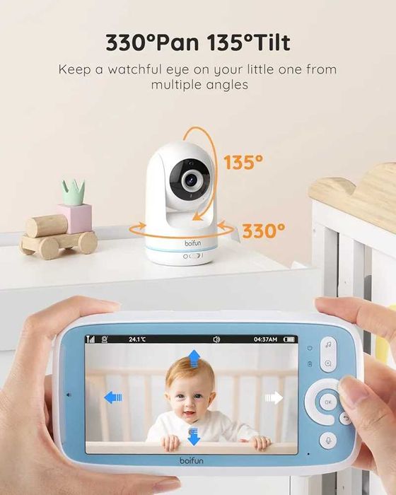 Бебефон BOIFUN VB805 с 300 метра обхват, 5 инча, IPS, без Wi-Fi, PTZ..