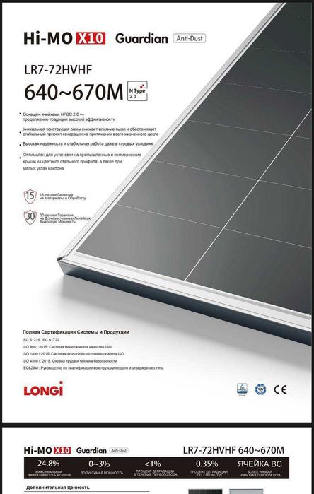 Солнечные панели LONGi Hi-MO X10 Guardian 670W (LR7-72HVHF)