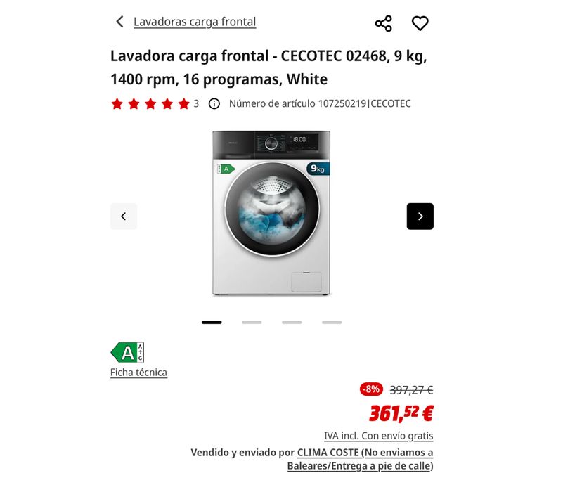 Masina de spalat rufe Cecotec 02468 – Bolero DressCode 9500 Inverter A