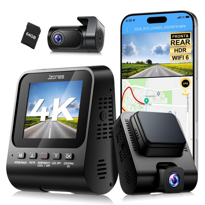 Jzones 4K/FHD двойна/2-канална HDR камера за автомобил/WIFI 6/GPS/APP