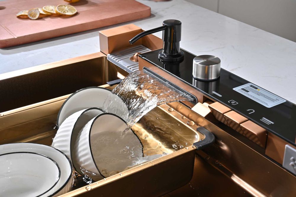 Розово злато - Мултифункционална кухненска мивка с двоен водопад