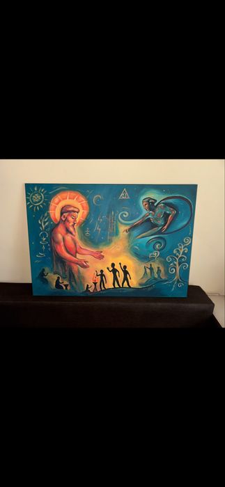 Tablou mistic pictat manual – Lumină și întuneric, 70x100 cm