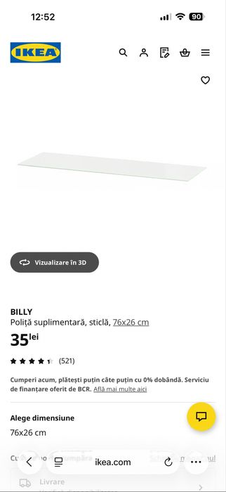 Poliță suplimentară, sticlă BILLY de la ikea