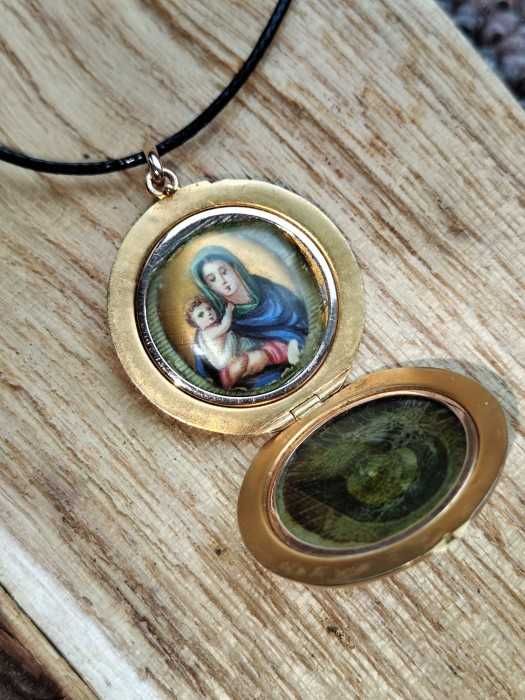 Pandantiv Aur 14K Sfanta Maria Pruncul Isus Email Diamant Poza Dubla