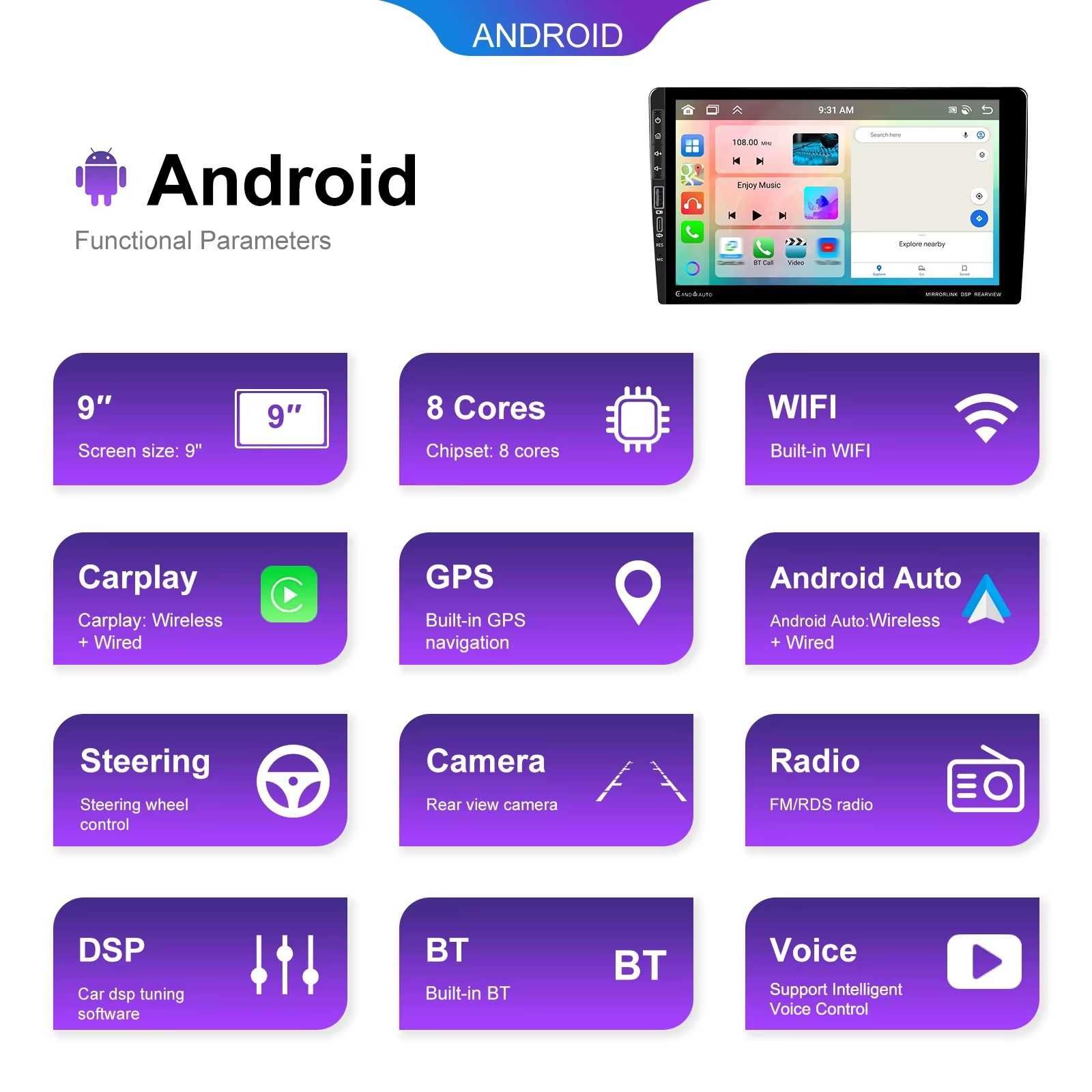 Мултимедия 4+64GB 8 ядрен навигация за кола автомобил Android Auto CP