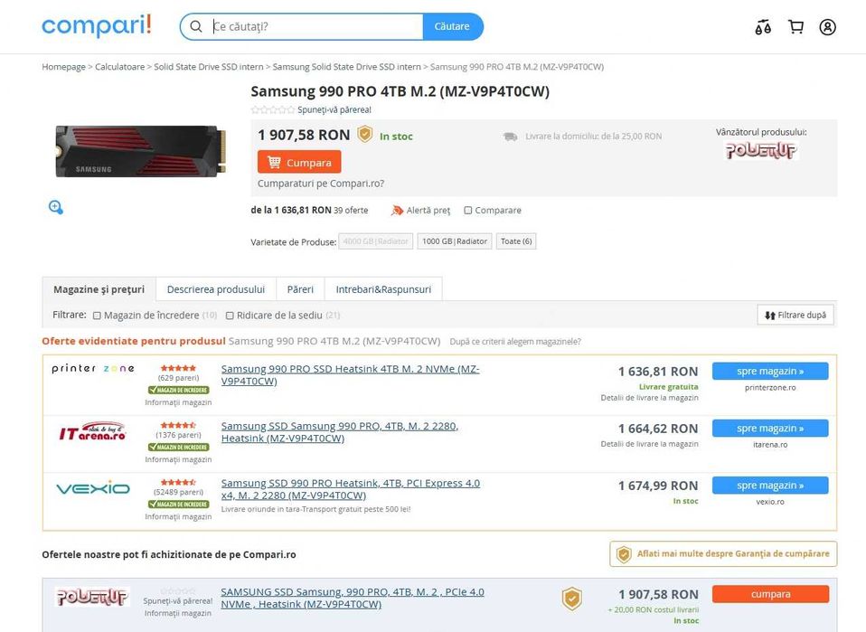 SSD Samsung 990 PRO HeatSink de  4TB PCI Express 4.0 , nou