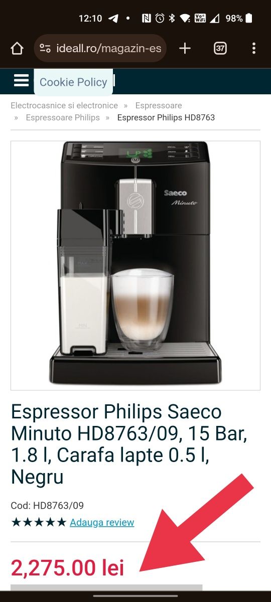 Espressor/ Espresor automat Saeco Minuto HD8763, cana lapte