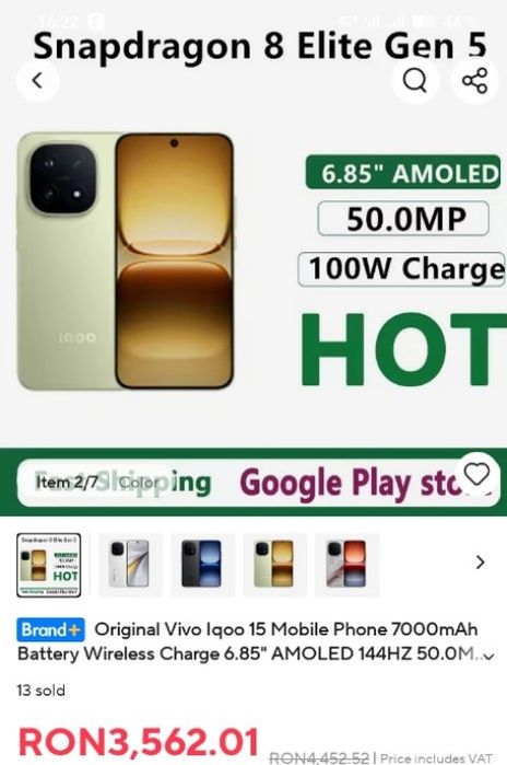 Unicat în RO! Vivo IQOO 15, Snapdragon Elite 8 Gen 5 , 144 Hz, 7000 mA