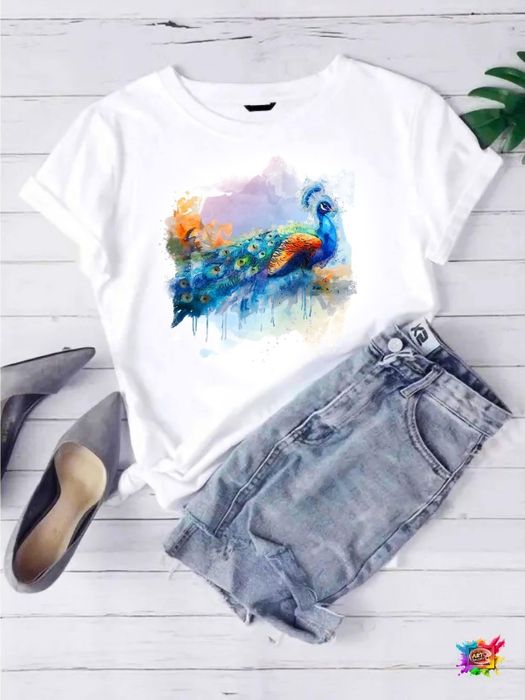 Дамска тениска - акварелен паун