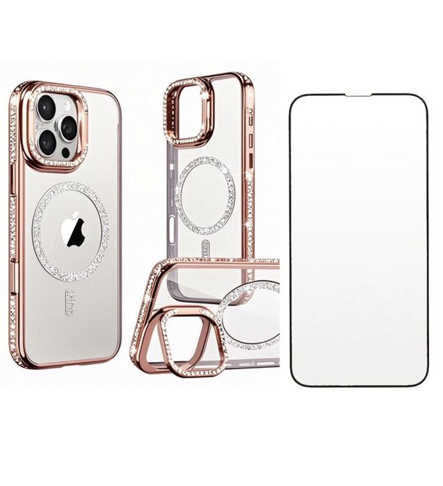 Iphone 15/16/PRO/MAX Husa Stand Glitter + Folie Sticla Full Space