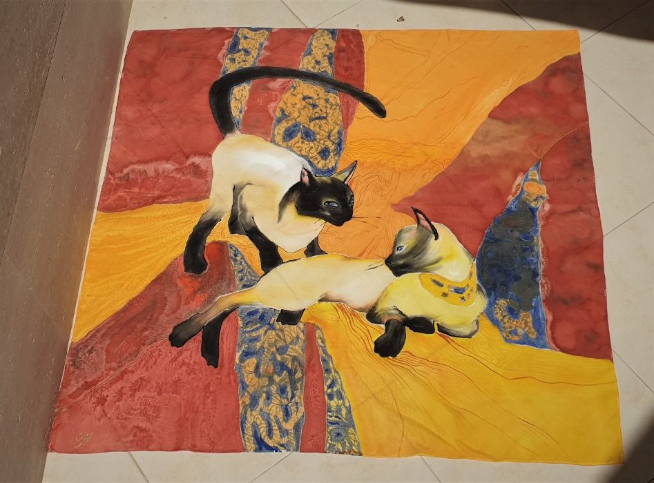 кърпичка, рисувана върху коприна . Сиамски котки.Красив подарък. любов