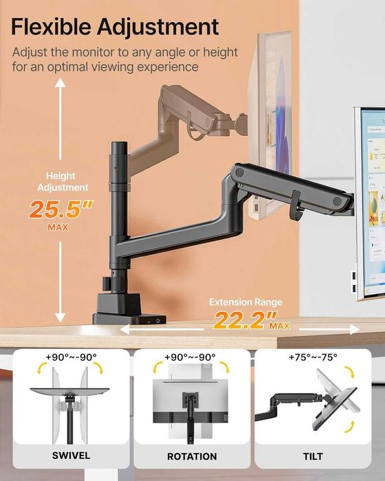monTEK Стойка за ултраширок монитор 17-57 инча, до 27 кг, с USB, черна