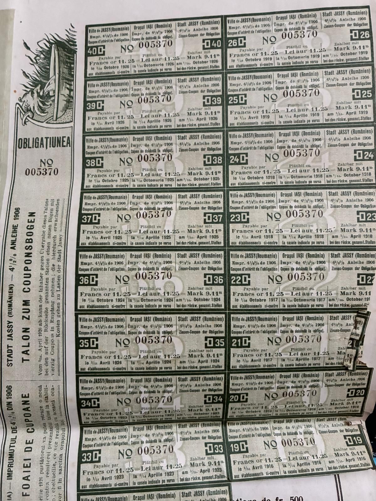 500 Lei Aur 1906 titlu orasul Iasi obligatiune neincasata cu cupoane
