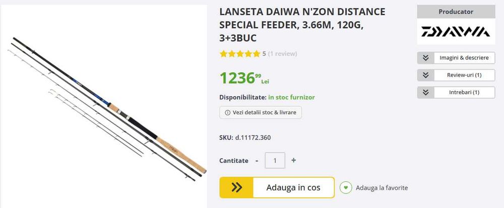 Lanseta Daiwa N'Zon Distance Special Feeder 3.66m 120g, 3+3buc