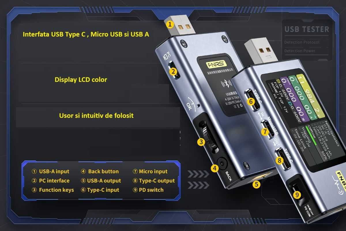 Tester USB  Fnirsi FNB58 E-marker test rezistenta capacitate Bluetooth