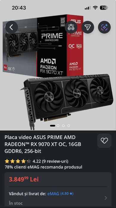 Placa video ASUS PRIME AMD RADEON RX 9070 XT OC, 16GB GDDR6, 256-bit