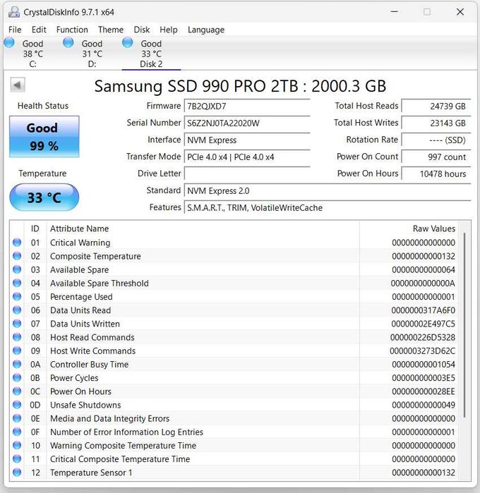 Ssd Samsung 990 pro 2TB garantie