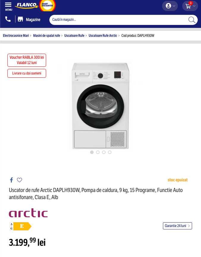 Uscator de rufe Arctic A++, 9kg, 15 programe, panou digital, NOU