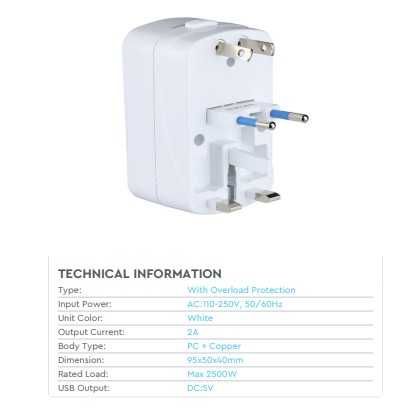 Универсален травъл адаптер с USB, Travel Adapter- USA, UK, EU, China