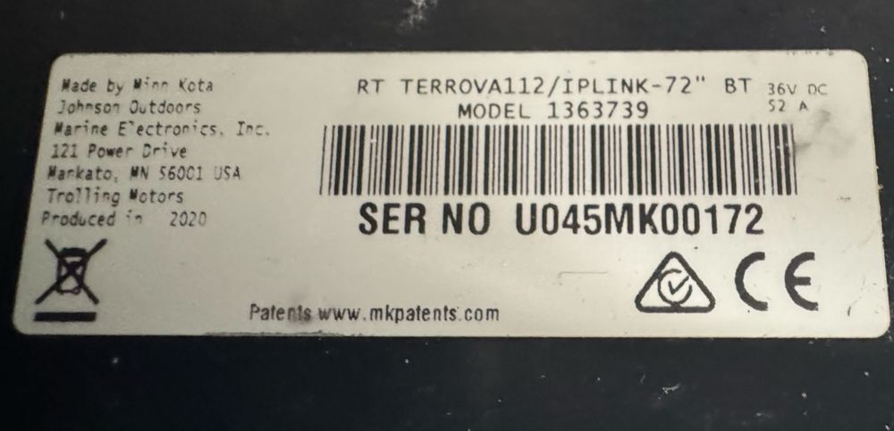 Minn kota terrova 112/iplink72.  36V