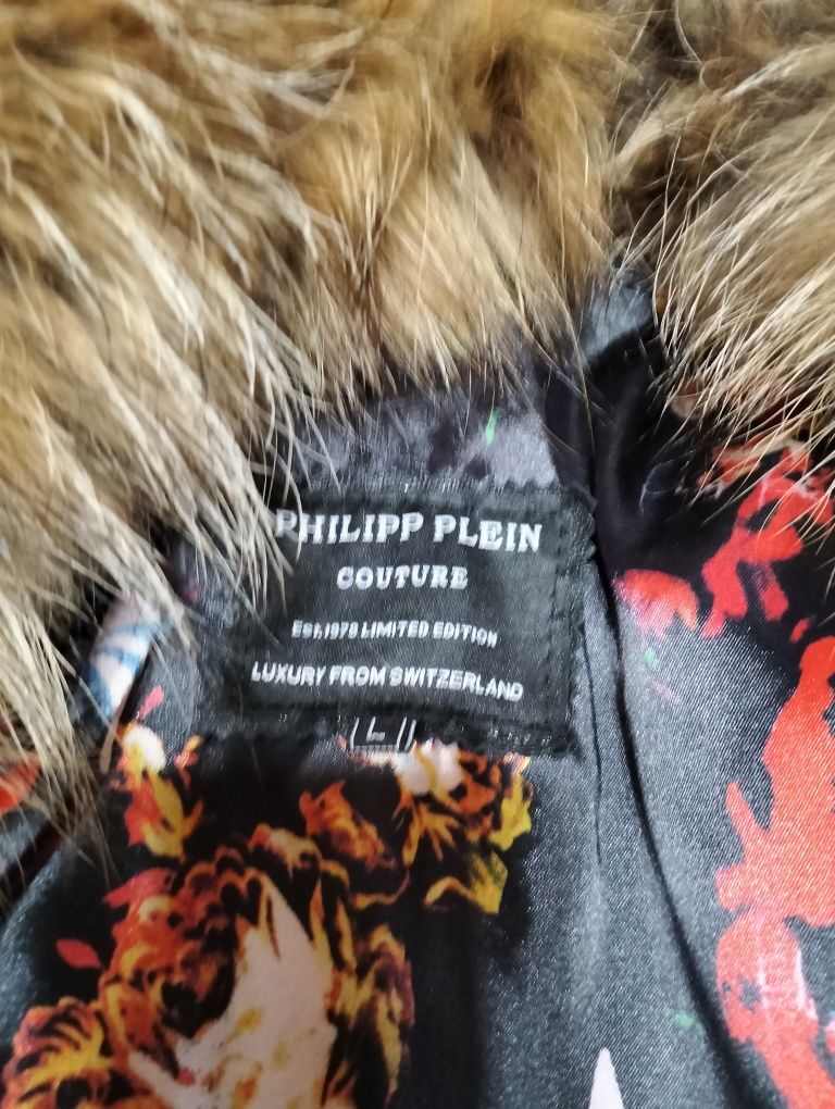 Geaca piele cu guler detașabil blana de vulpe. Philipp Plein