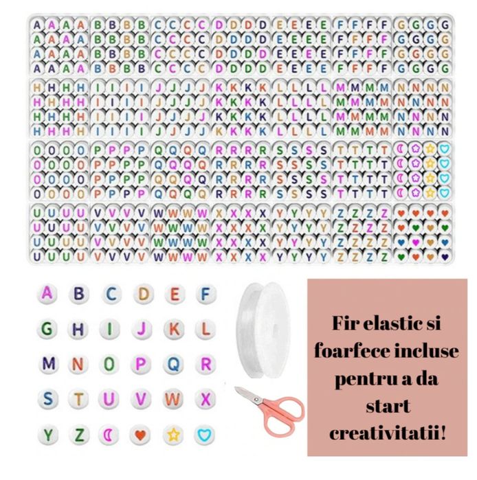 Margele rotunde cu litere multicolore din material acrilic, 1400 buc,
