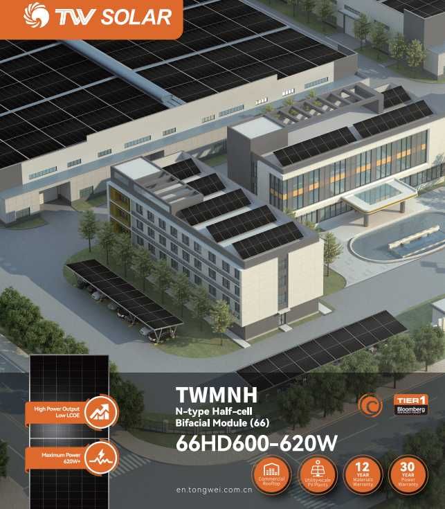 Солнечная панель TONGWEI 620 Вт, КПД 23%, гарантия 30 лет