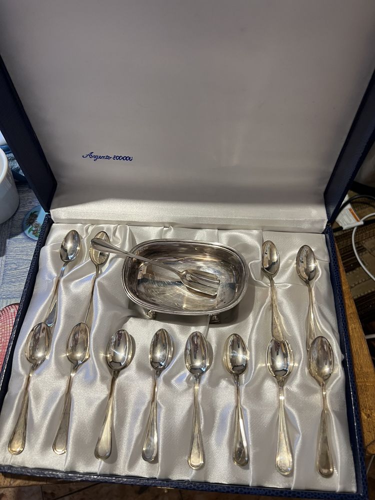 Set 12 lingurițe de argint 8000 vintage cu recipient zahăr