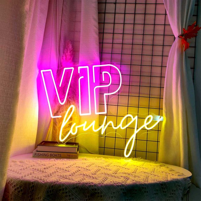 Panou Neon LED „VIP lounge” roz/fucsia si galben cald, 40x30cm Temark®
